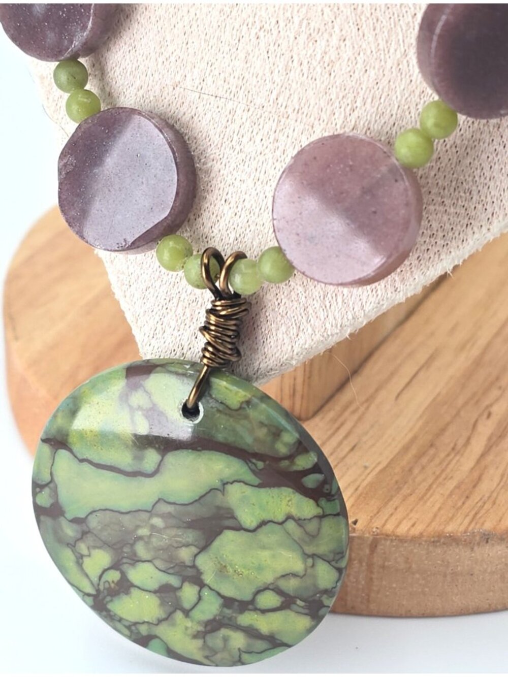 Artisan Natural Stone Statement Necklace Purple Green Beaded Pendant Boho Earthy - Picture 3 of 11